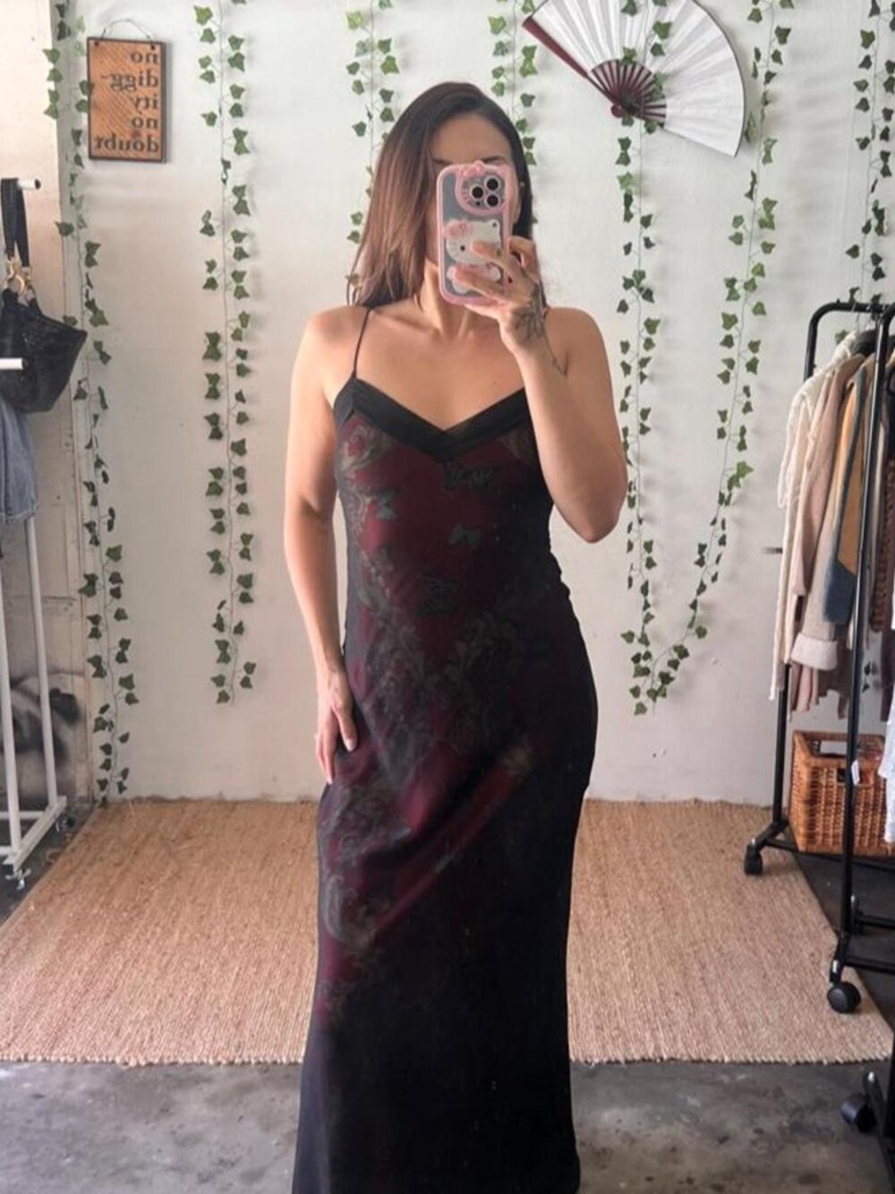 Vintage 90s/Y2K silk maxi slip dress in burgundy and black butterfly print